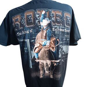 Vintage Men's T-shirt Large Y2K Cowboy Rodeo King Of Extreme Sports Black